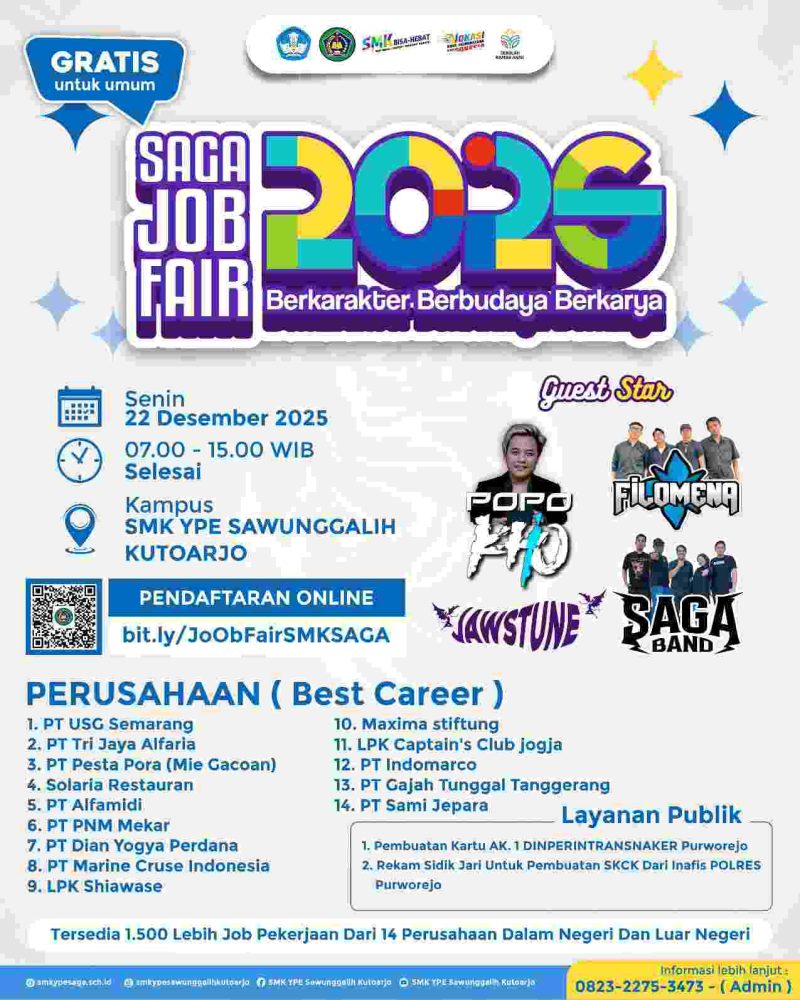 Pamflet SMK YPE Sawunggalih Gelar SAGA Job Fair 2025
