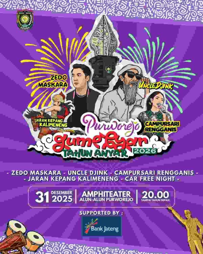 Pemerintah Kabupaten Purworejo bakal menggelar perayaan pergantian tahun bertajuk 'Purworejo Gumebyar Tahun Anyar 2026', Selasa malam (31/12/2025) di Amphiteater Alun-Alun Purworejo.
